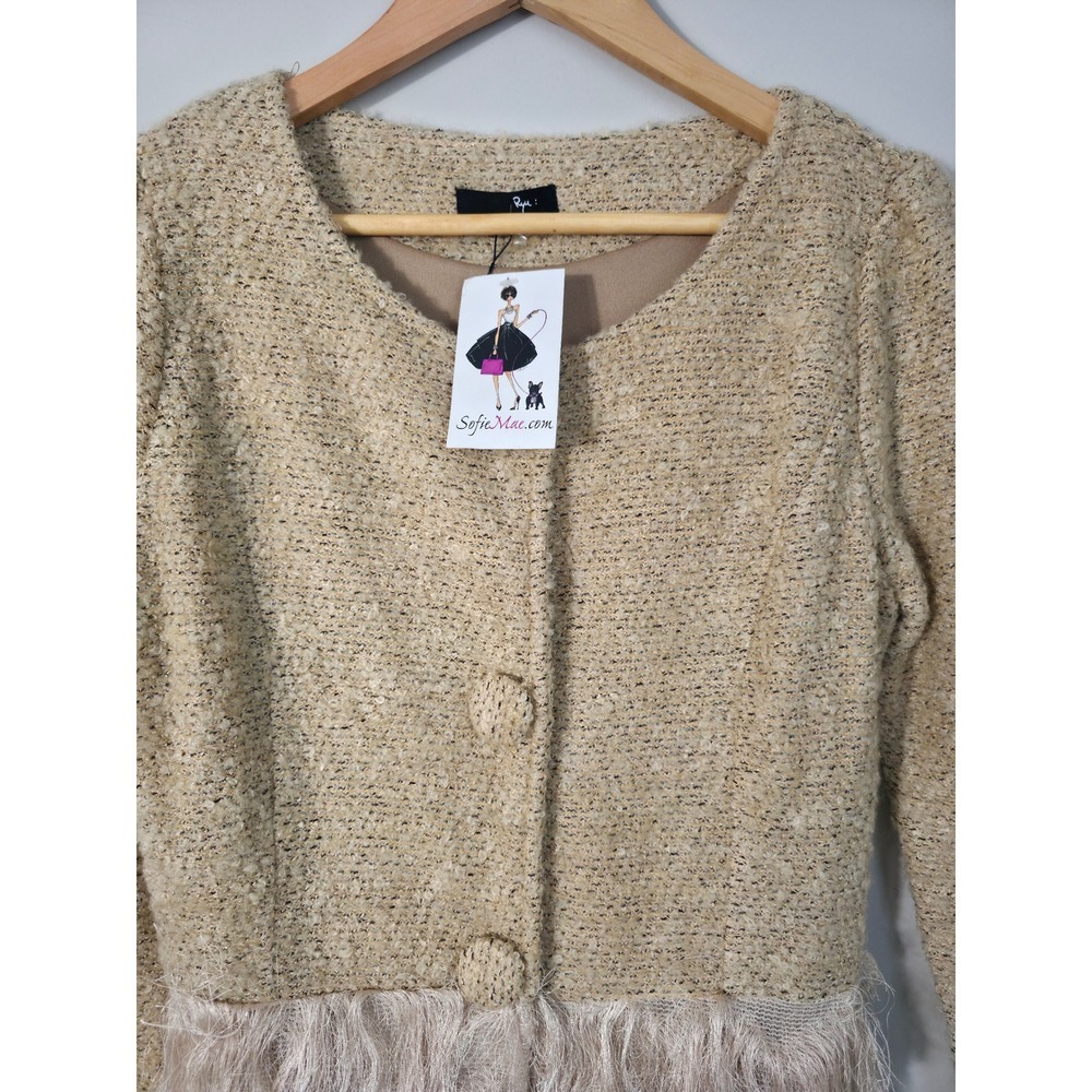 SofieMae Tweed Fringe Jacket Dress Beige Button Front Size M Chic - Picture 5 of 14
